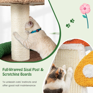 Patended 4-In-1 Mushroom Cat Tree with Condo Spring Ball and Sisal Posts-Multicolor