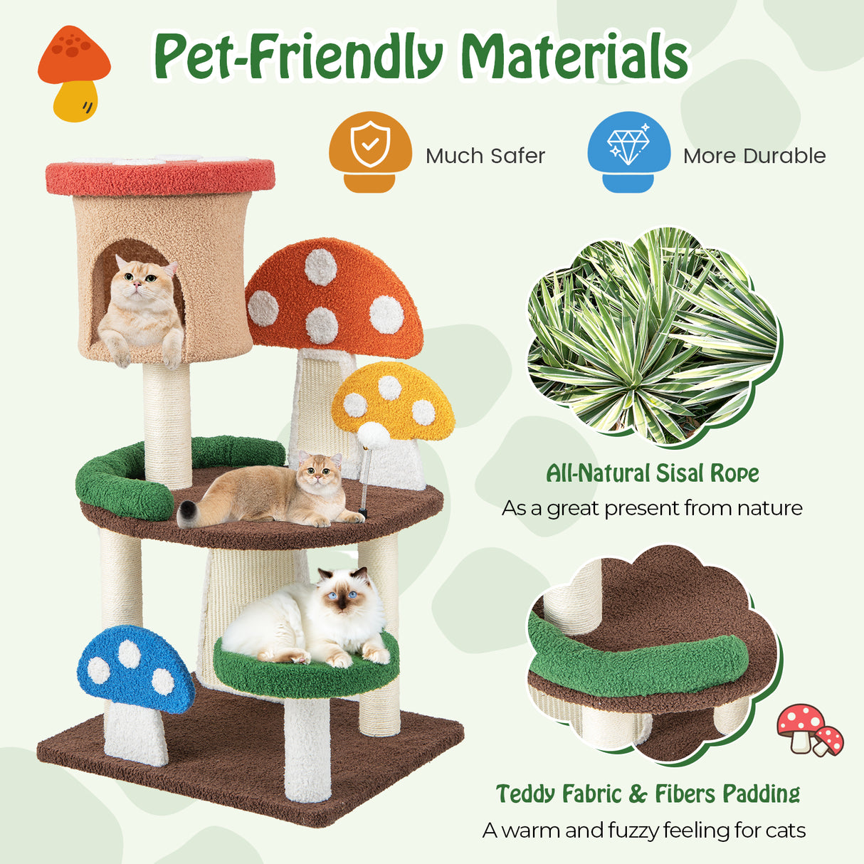Patended 4-In-1 Mushroom Cat Tree with Condo Spring Ball and Sisal Posts-Multicolor