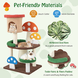 Patended 4-In-1 Mushroom Cat Tree with Condo Spring Ball and Sisal Posts-Multicolor