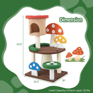 Patended 4-In-1 Mushroom Cat Tree with Condo Spring Ball and Sisal Posts-Multicolor