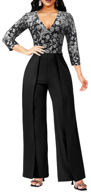 Yiershu Women sparkly jumpsuits Elegant 3/4 Sleeve High Waist Long Pants Party Club