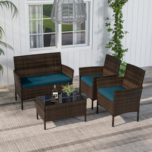 4 Piece Patio Rattan Conversation Set with Cozy Seat Cushions-Peacock Blue