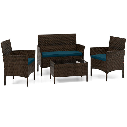 4 Piece Patio Rattan Conversation Set with Cozy Seat Cushions-Peacock Blue