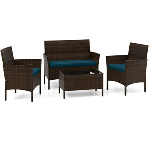 4 Piece Patio Rattan Conversation Set with Cozy Seat Cushions-Peacock Blue