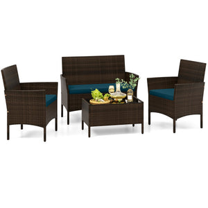 4 Piece Patio Rattan Conversation Set with Cozy Seat Cushions-Peacock Blue
