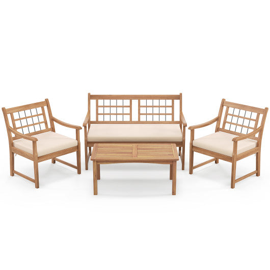 4 Piece Wood Patio Furniture with Armchairs Loveseat and Coffee Table-Off White