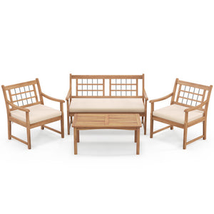 4 Piece Wood Patio Furniture with Armchairs Loveseat and Coffee Table-Off White