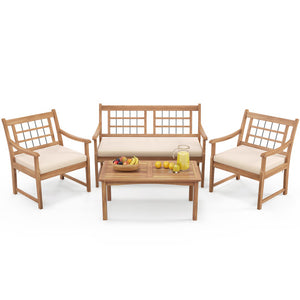 4 Piece Wood Patio Furniture with Armchairs Loveseat and Coffee Table-Off White