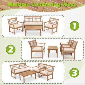 4 Piece Wood Patio Furniture with Armchairs Loveseat and Coffee Table-Off White