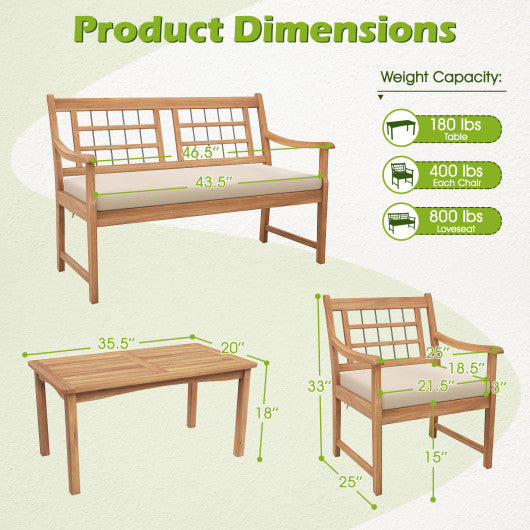 4 Piece Wood Patio Furniture with Armchairs Loveseat and Coffee Table-Off White