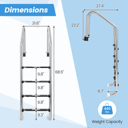 4-Step Inground Pool Ladder Stainless Steel Swimming Pool Ladder