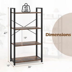 4-Tier Bookshelf with Heavy Duty Metal Frame Industrial Display Shelf-Rustic Brown
