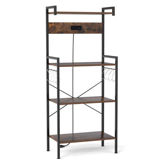 4-Tier Kitchen Bakers Rack with Power Outlet and 8 Hooks-Rustic Brown