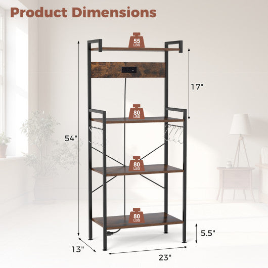 4-Tier Kitchen Bakers Rack with Power Outlet and 8 Hooks-Rustic Brown