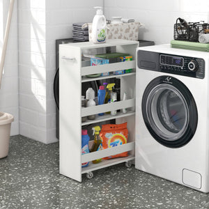 4-Tier Rolling Storage Cart Slim Kitchen Cart on Wheels with Open Shelves and Handle-White