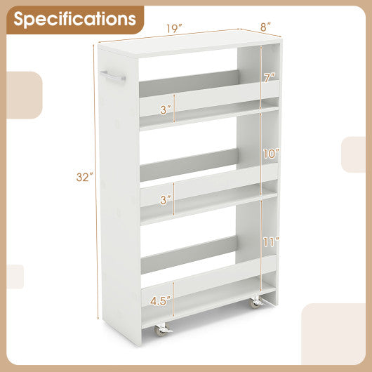 4-Tier Rolling Storage Cart Slim Kitchen Cart on Wheels with Open Shelves and Handle-White