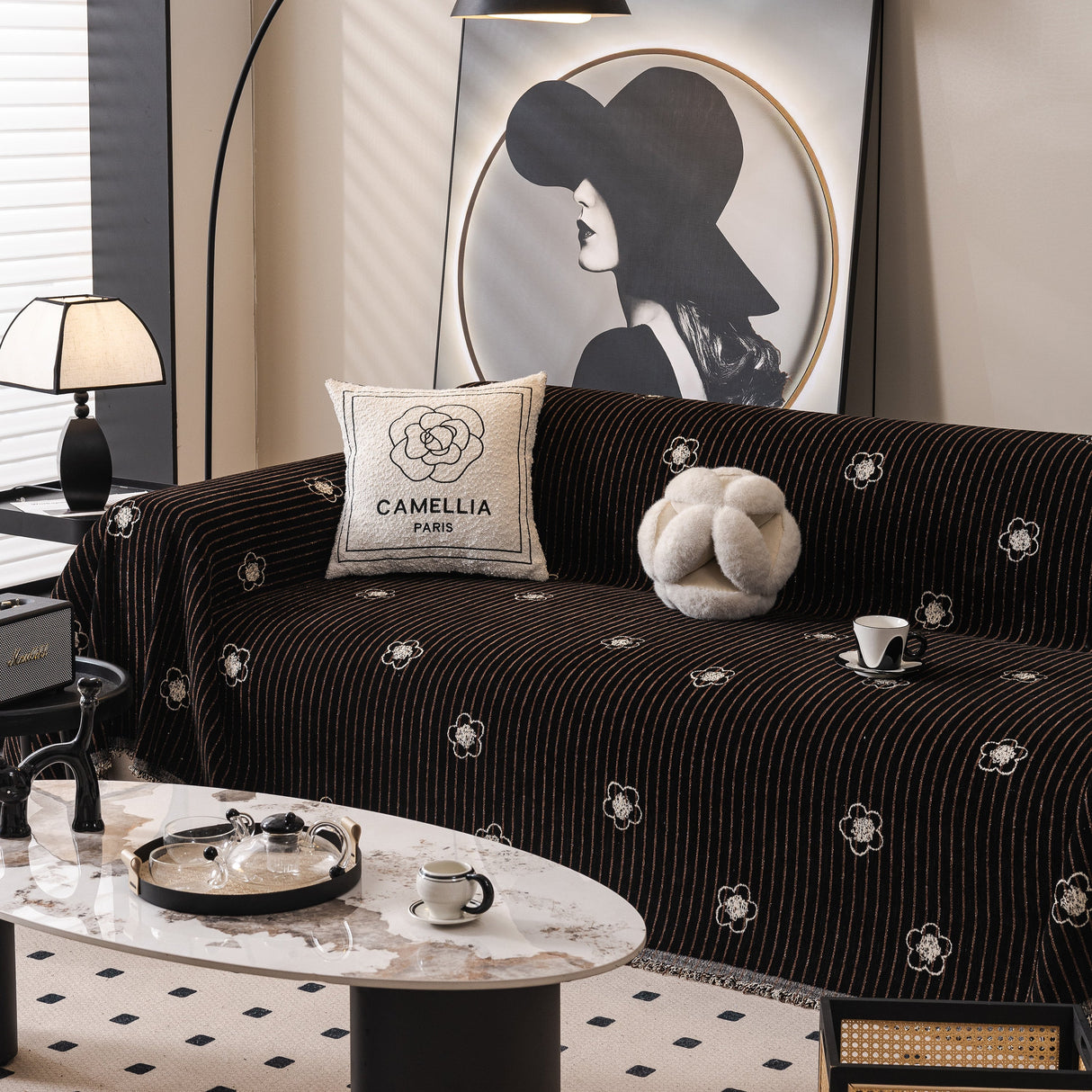 Chenille Camellia Floral Sofa Throw Cover Couch Blanket with Striped Jacquard