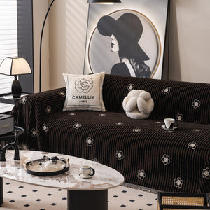 Chenille Camellia Floral Sofa Throw Cover Couch Blanket with Striped Jacquard