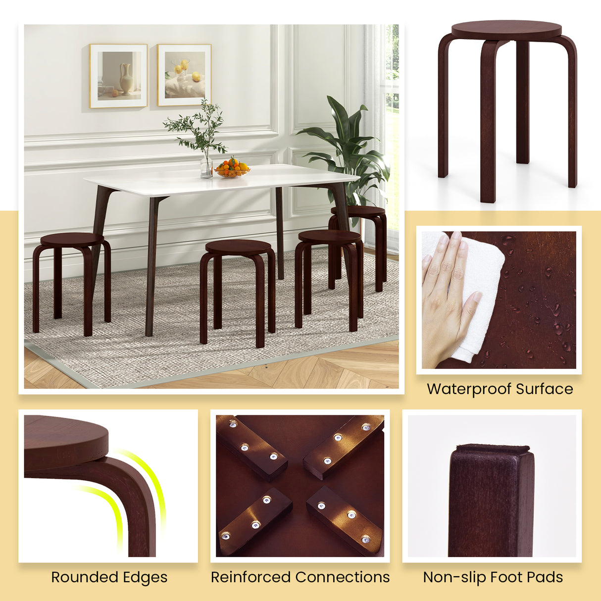 Set of 4 18 Inch Wood Home Backless Dining Chairs-Natural