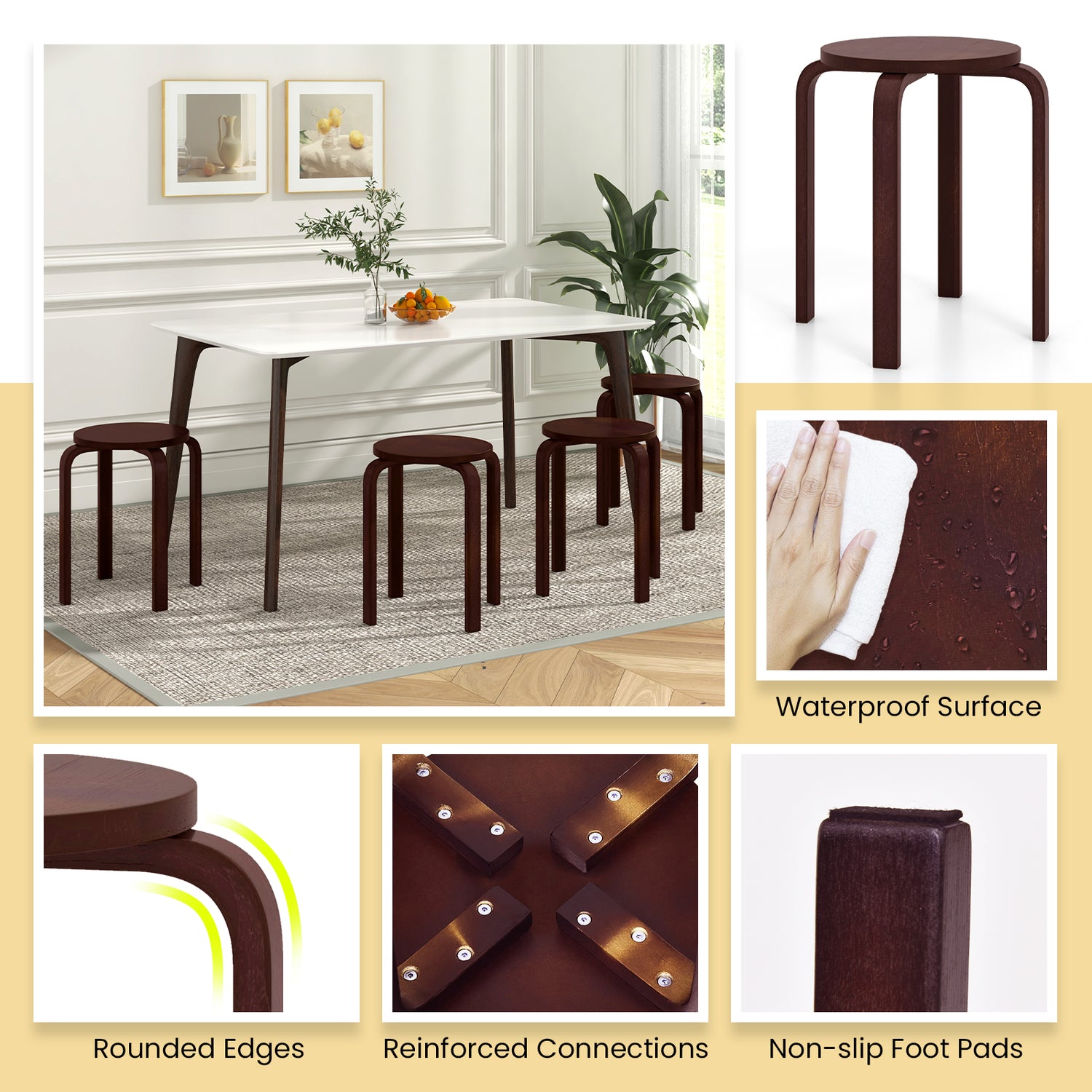 Set of 4 18 Inch Wood Home Backless Dining Chairs-Natural