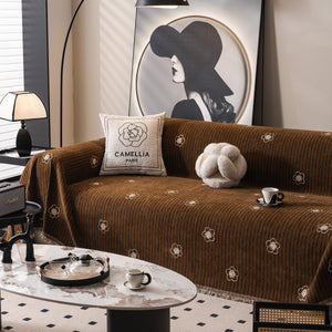 Chenille Camellia Floral Sofa Throw Cover Couch Blanket with Striped Jacquard