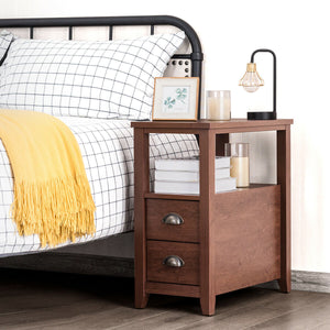 End Table Wooden with 2 Drawers and Shelf Bedside Table-Brown