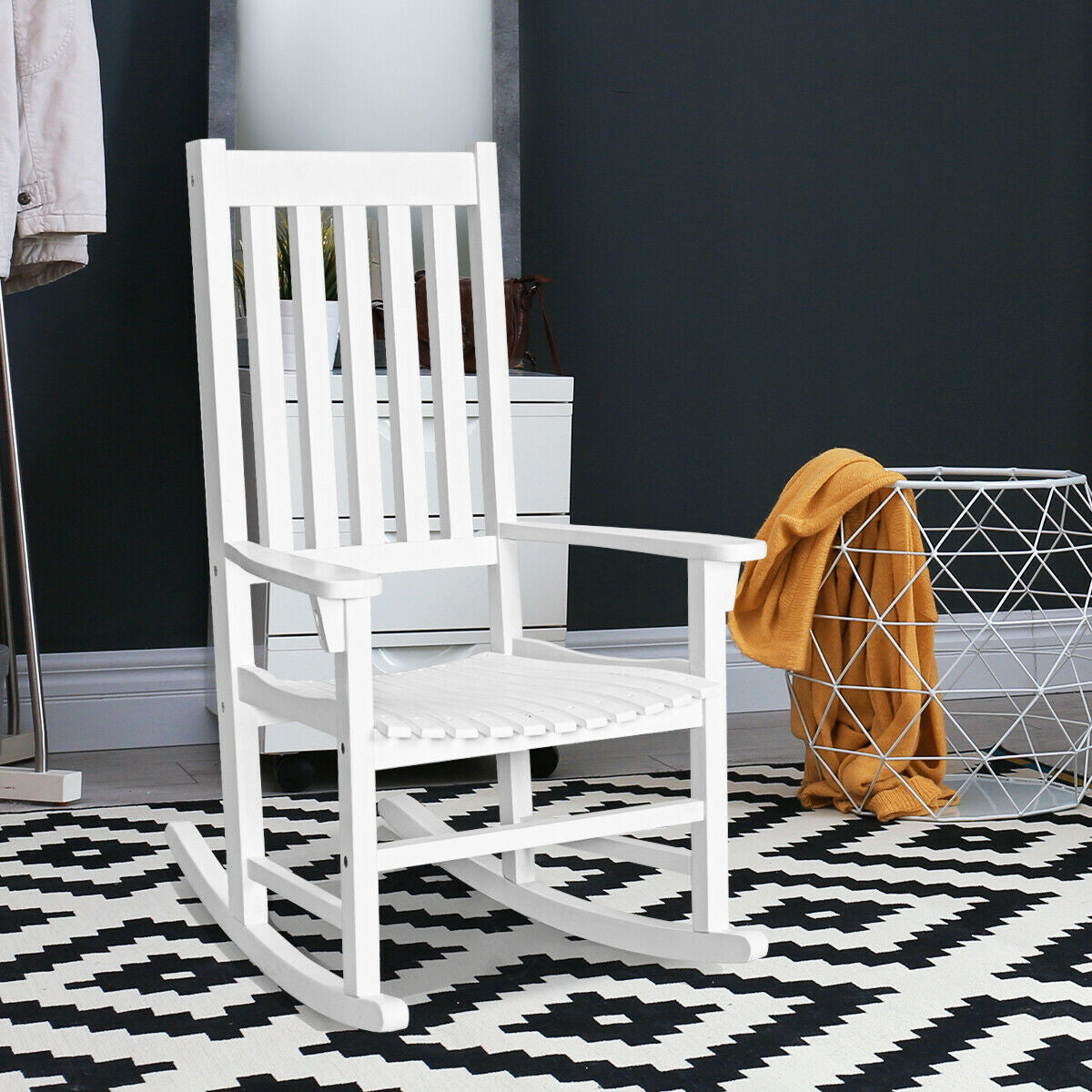 Indoor Outdoor Wooden High Back Rocking Chair-Black