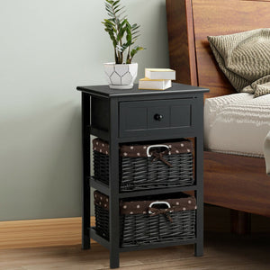Set of 2 3-Layer 1 Drawer Wood Bedside End Table-Black