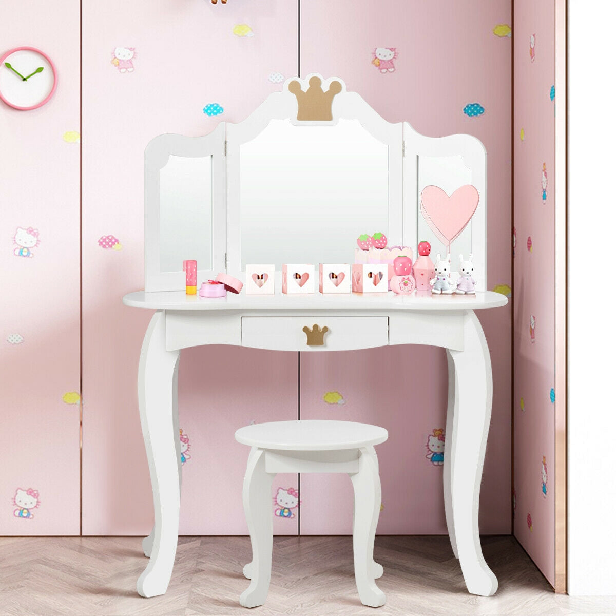 Kids Makeup Dressing Table with Tri-folding Mirror and Stool-Pink