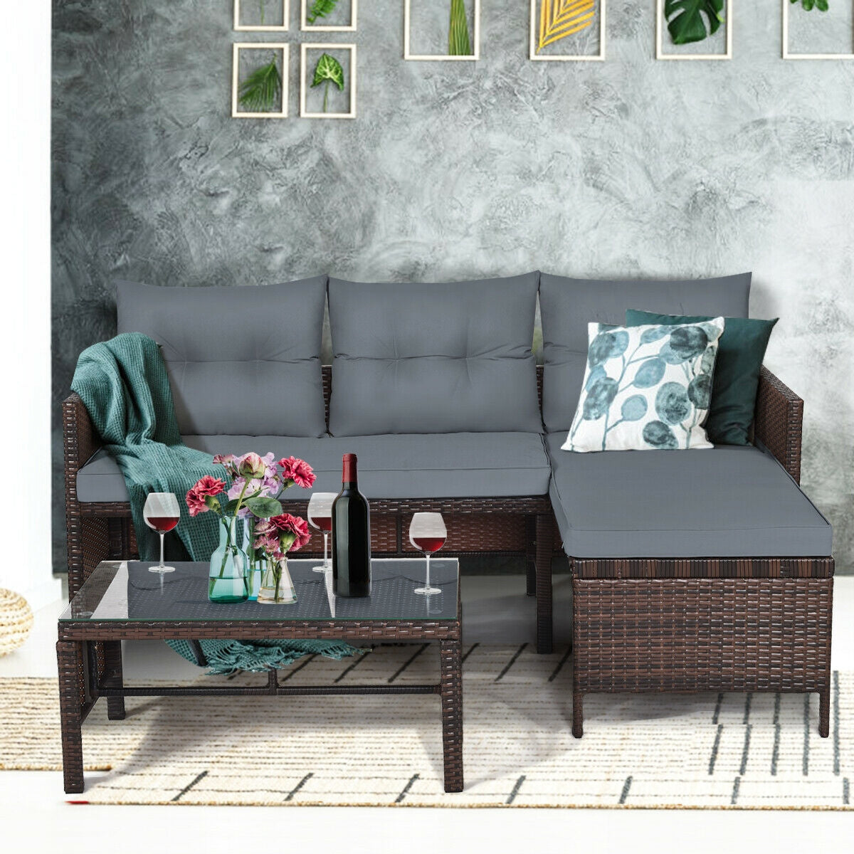 3 Pieces Patio Wicker Rattan Sofa Set-Beige