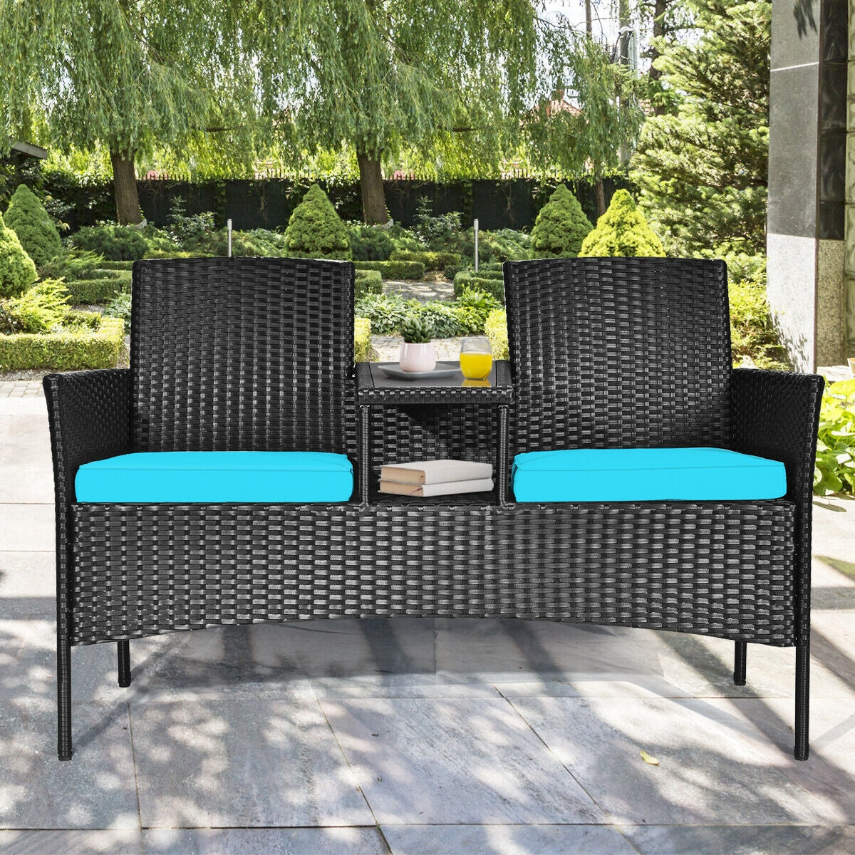 Wicker Patio Conversation Furniture Set with Removable Cushions and Table-White