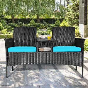 Wicker Patio Conversation Furniture Set with Removable Cushions and Table-White