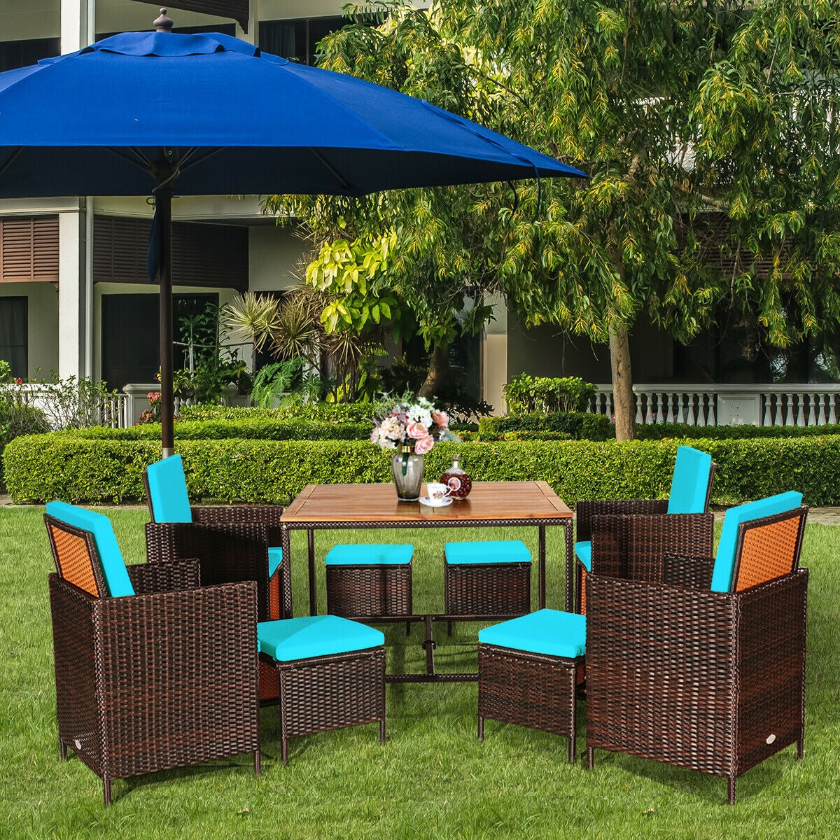 9 Pieces Patio Rattan Dining Cushioned Chairs Set-Red