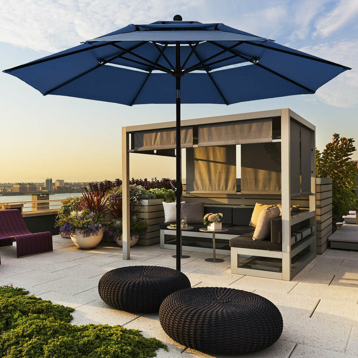 10' 3 Tier Patio Umbrella Aluminum Sunshade Shelter Double Vented without Base-Navy by DirectDeals