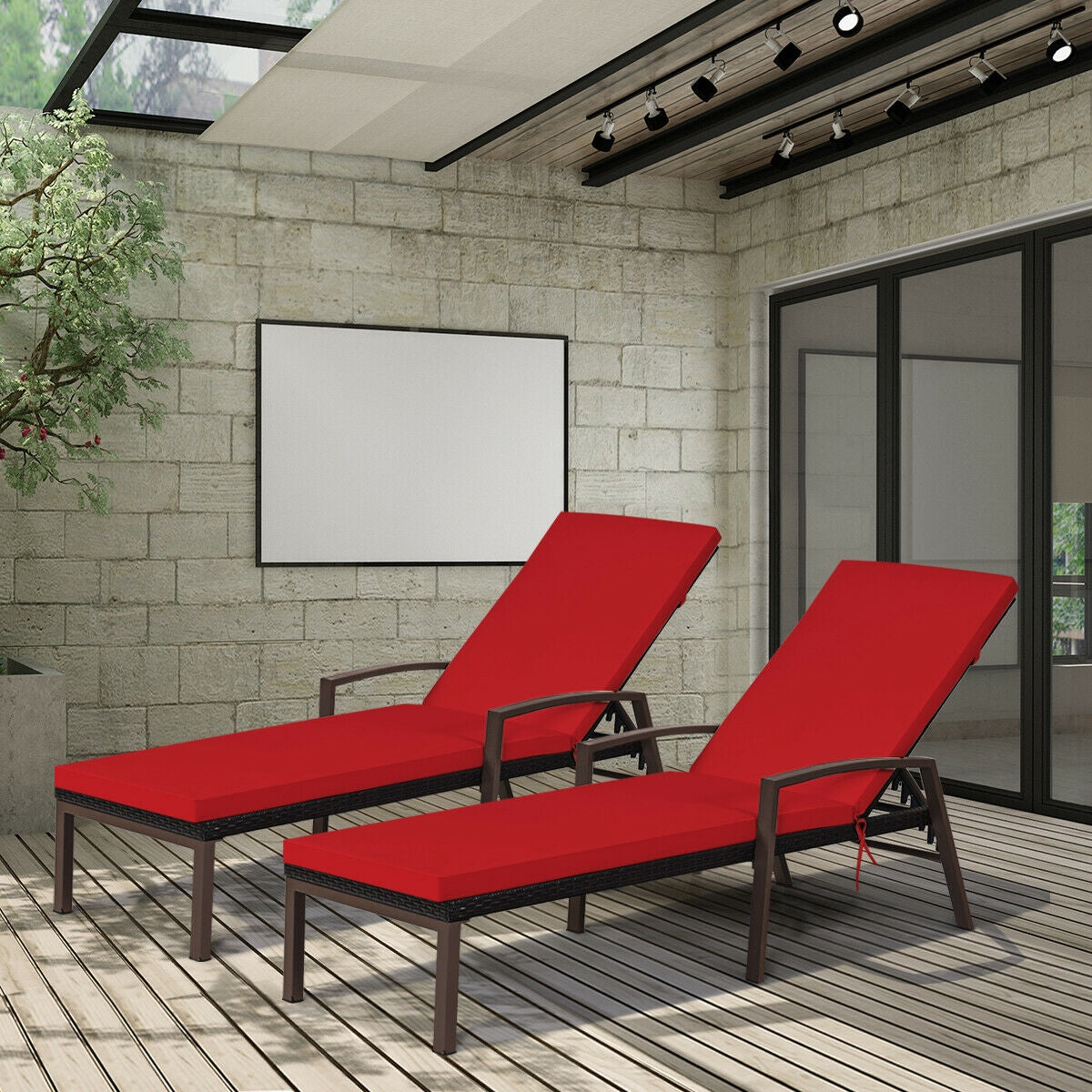 2 Pieces Patio Rattan Adjustable Back Lounge Chair with Armrest and Removable Cushions-Turquoise
