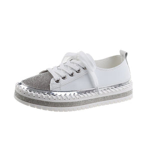 Womens Leopard Sneakers Women Canvas Shoes Leisure Lace-Up Sneakers Rhinestone Shiny Flat Charming Shoes Platform Leisure Low Sneakers