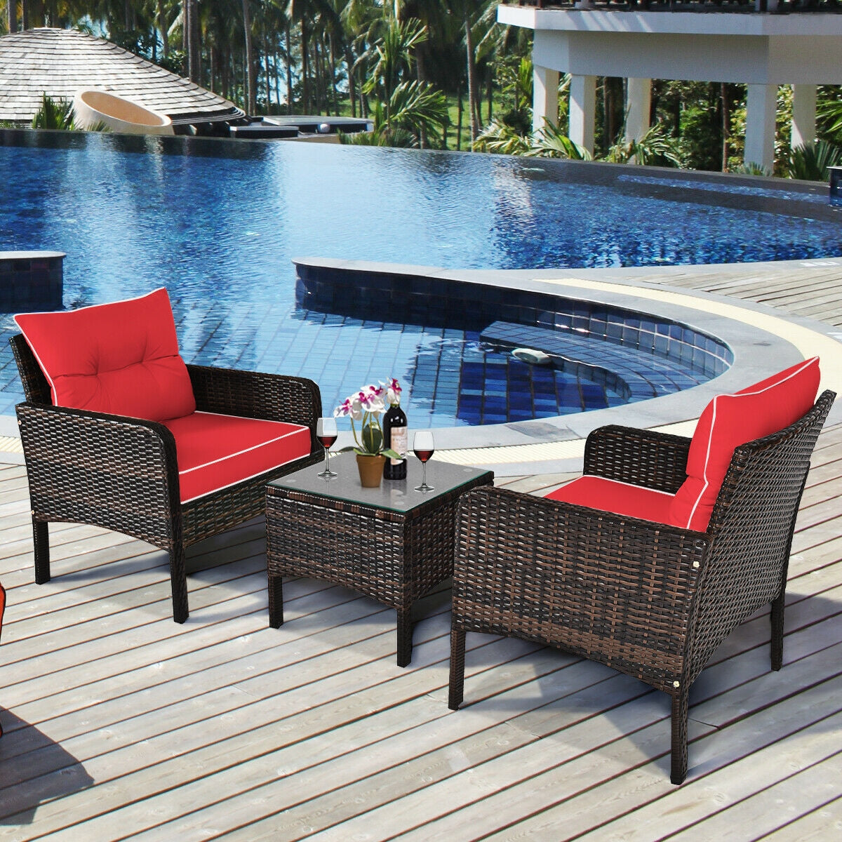 3 Pieces Outdoor Patio Rattan Conversation Set with Seat Cushions-Beige