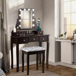 Vanity Dressing Table Set with 10 Dimmable Bulbs and Cushioned Stool-Black