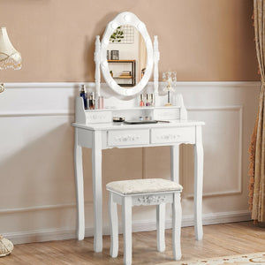 Makeup Vanity Dressing Table Set with Dimmable Bulbs Cushioned Stool-White