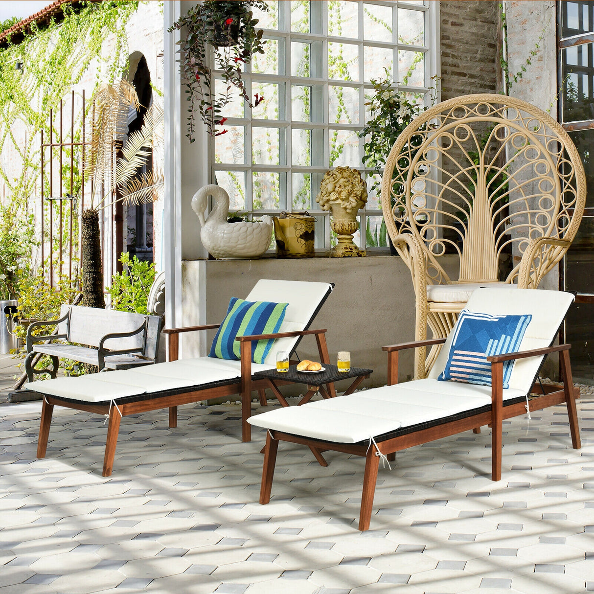 3 Pieces Portable Patio Cushioned Rattan Lounge Chair Set with Folding Table-Turquoise