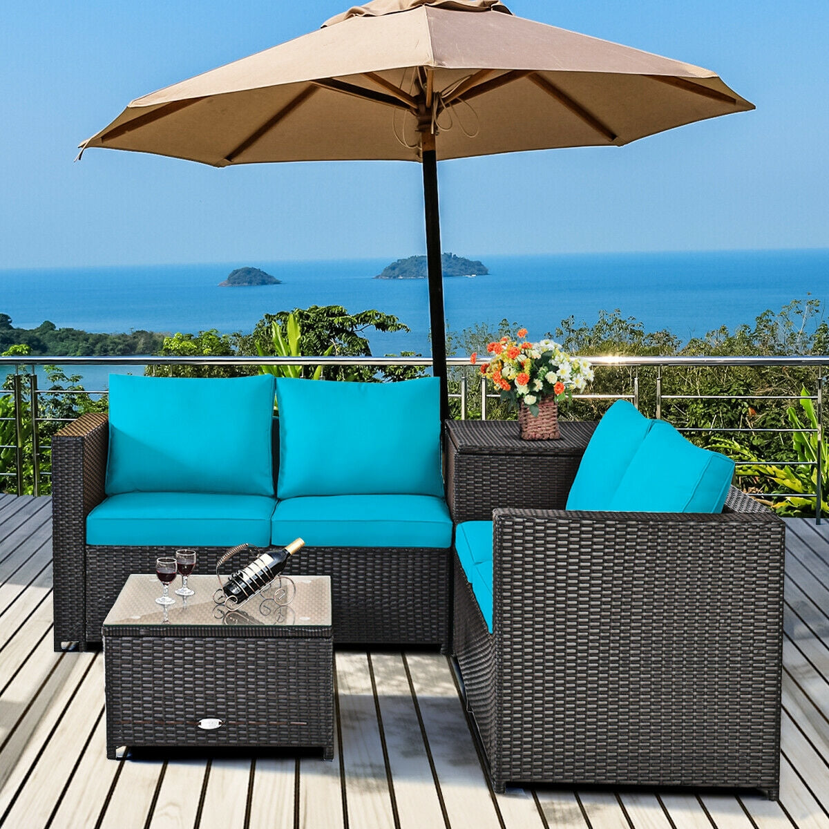 4 Pieces Outdoor Patio Rattan Furniture Set with Cushioned Loveseat and Storage Box-Brown