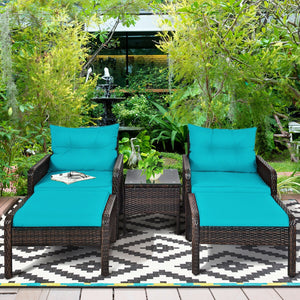 5 Pieces Patio Rattan Sofa Ottoman Furniture Set with Cushions-Red