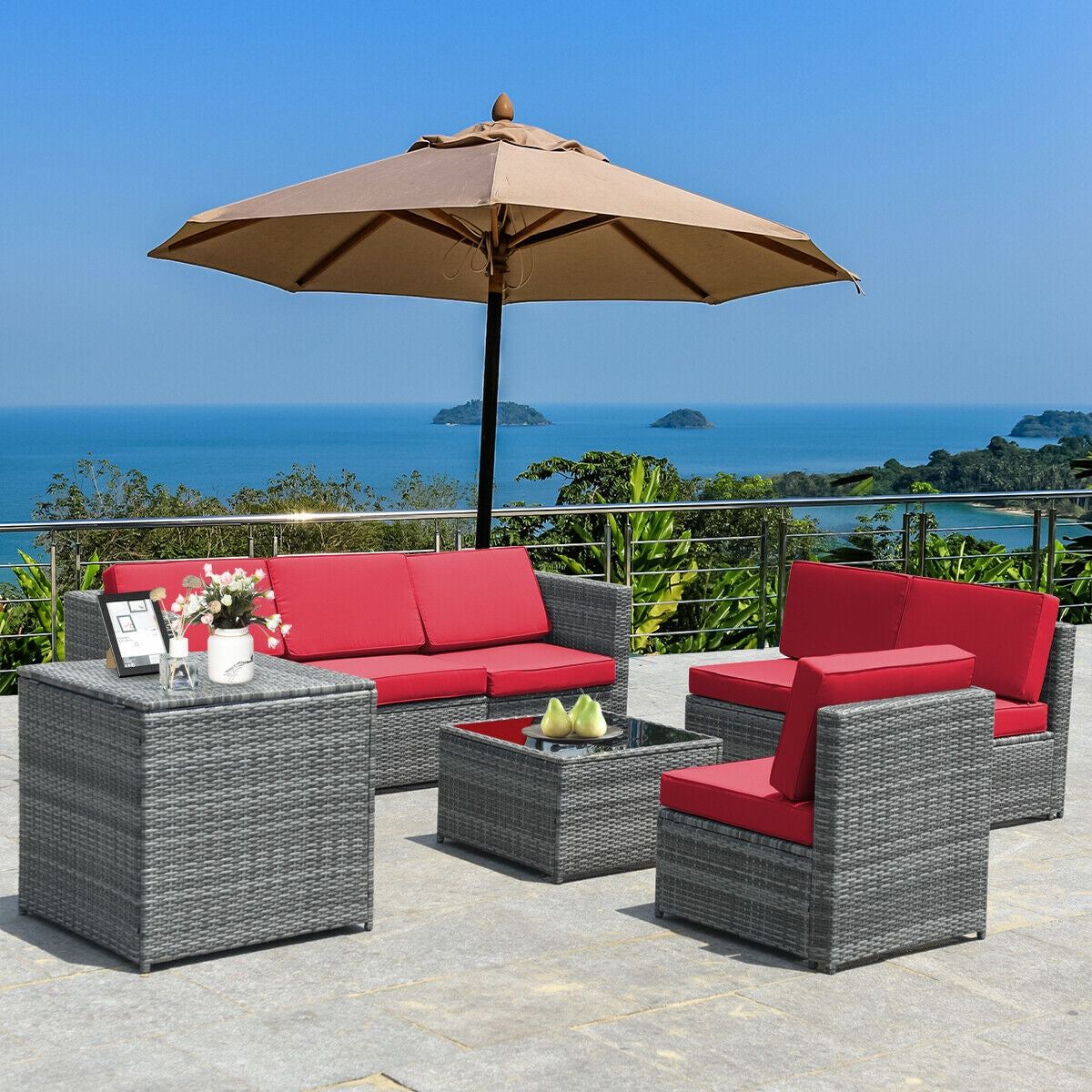 8 Pieces Wicker Sofa Rattan Dining Set Patio Furniture with Storage Table-Gray