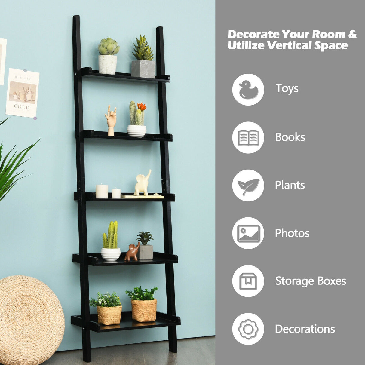 5-Tier Wall-leaning Ladder Shelf  Display Rack for Plants and Books-White