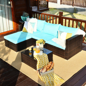5 Pieces Patio Rattan Sectional Furniture Set with Cushions and Coffee Table -Navy