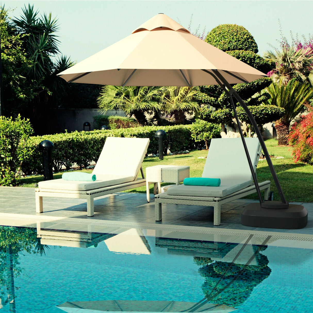 11 Feet Outdoor Cantilever Hanging Umbrella with Base and Wheels-Tan