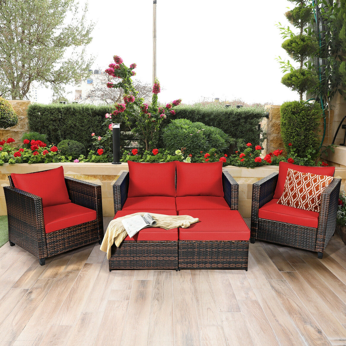 5 Pieces Patio Cushioned Rattan Furniture Set-White
