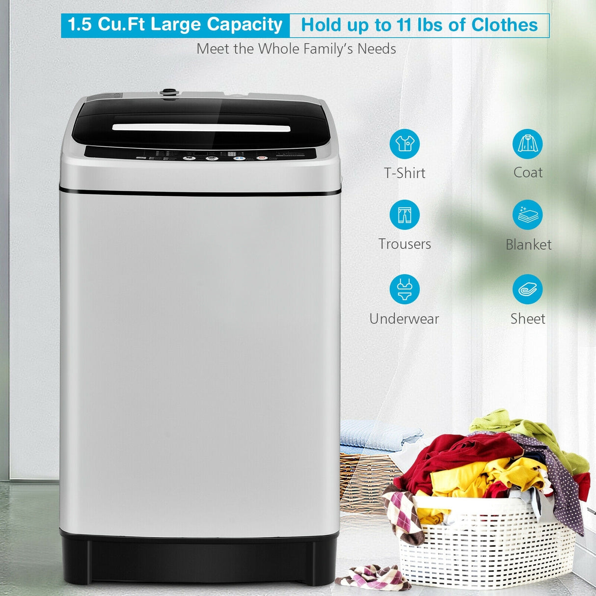 Full-Automatic Washing Machine 1.5 Cubic Feet 11 LBS Washer and Dryer-Gray