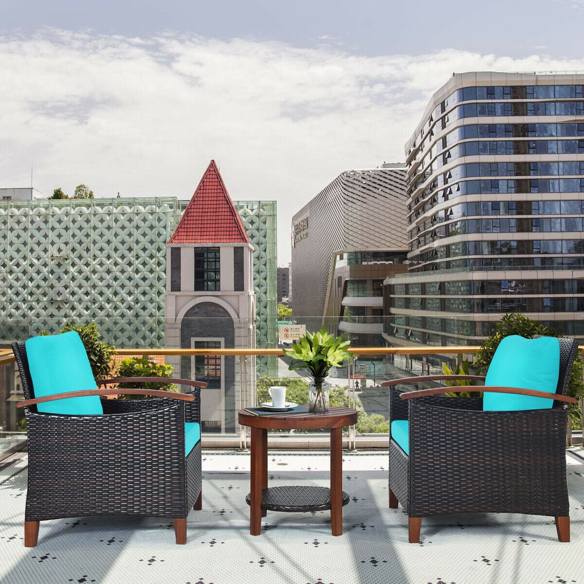 3 Pieces Patio Rattan Furniture Set with Washable Cushion and Acacia Wood Tabletop-Blue