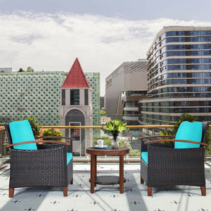 3 Pieces Patio Rattan Furniture Set with Washable Cushion and Acacia Wood Tabletop-Blue
